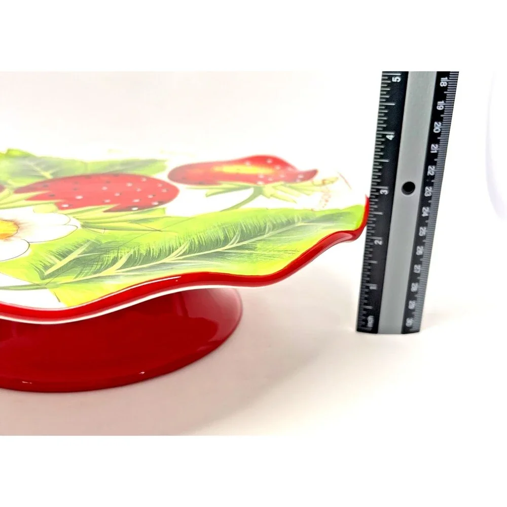 Pier 1 Imports Strawberry 11” Ceramic Cake Stand & 9.5” Server Hand Painted-Excl